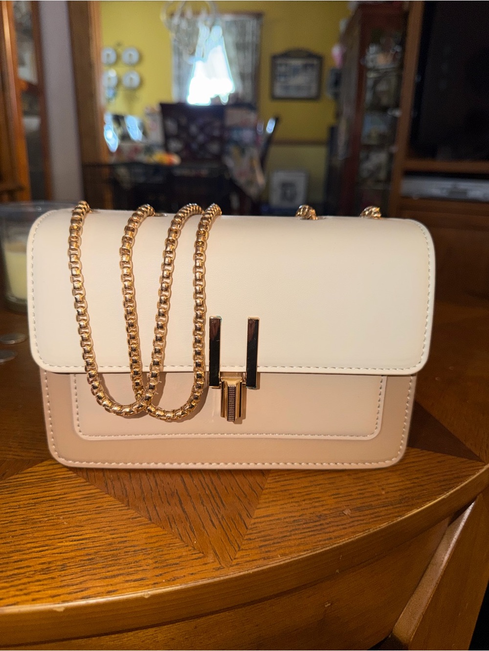 Two-Tone Cream and Blush Crossbody Bag with Gold Chain